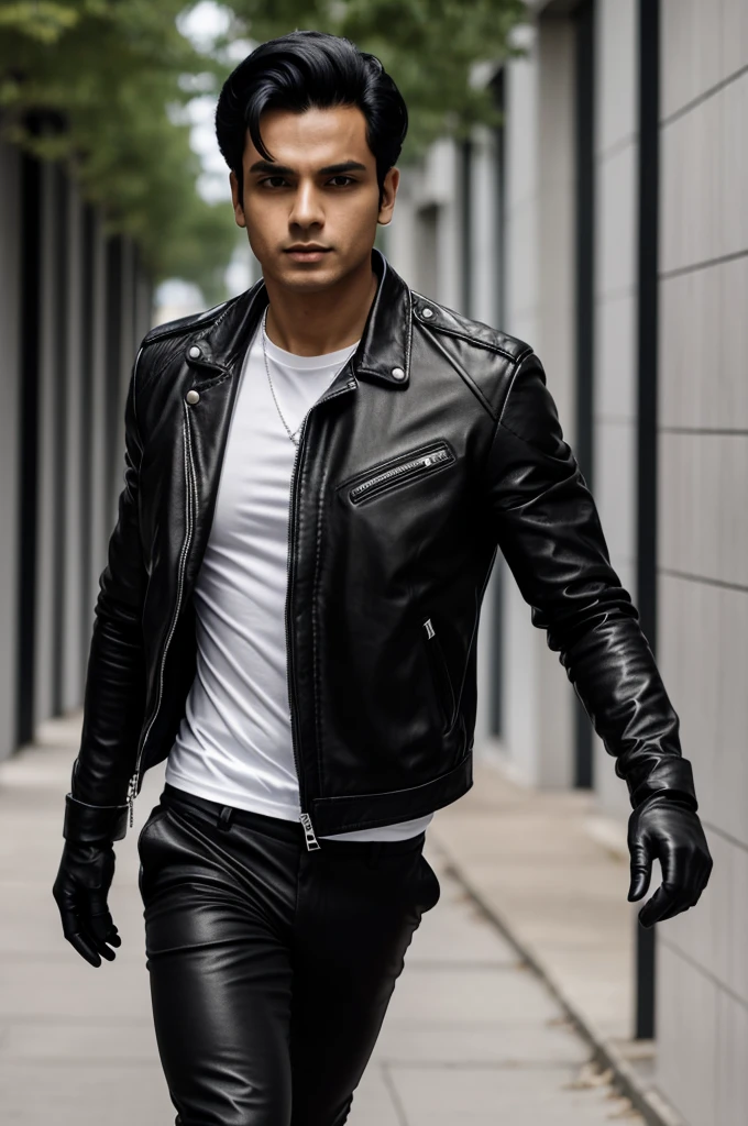a person called jarcar,He is a dark person,Brown eyes,black hair and clothes wearing black running shoes, Black pants,White shirt, black leather jacket, black gloves,