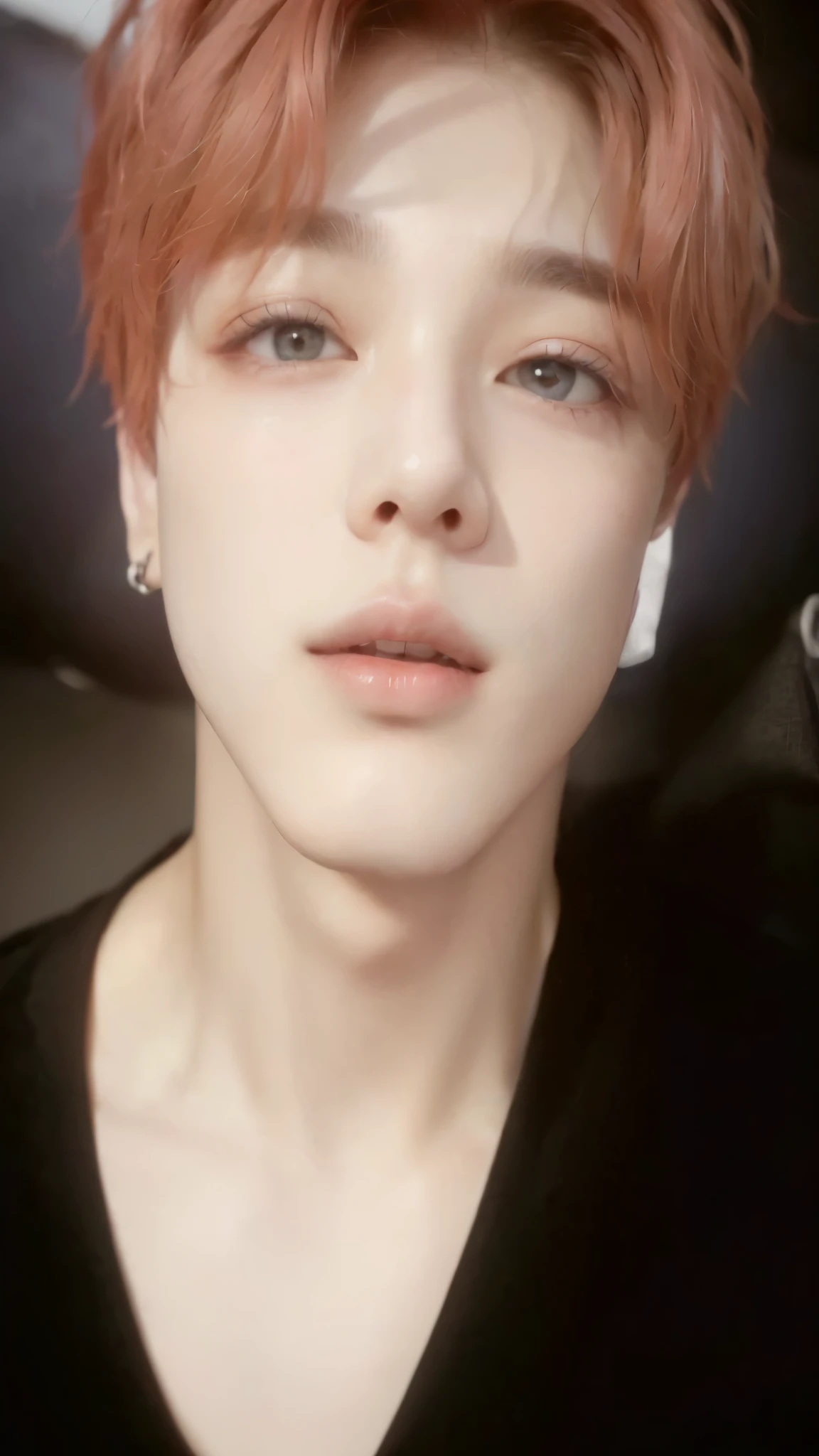 a close-up of a person with a black shirt and red hair, Jimin\fleshy lips, accurate Jimin face, Jimin\the right eyelid is swollen, Jimin\the Greek nose, park Jimin, Jimin, adorable and pale korean face, your eyes seem wise, Yoongi with black hair, Jungkook, drainage gang bladee, jung jaehyun