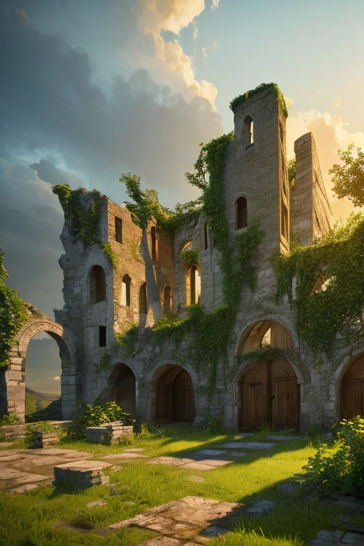 medieval ruined house, destroyed walls, destroyed doors, destroyed windows, detailed architecture, crumbling structure, overgrown vegetation, atmospheric lighting, warm color tones, cinematic composition, dramatic shadows, high detail, 8k, photorealistic