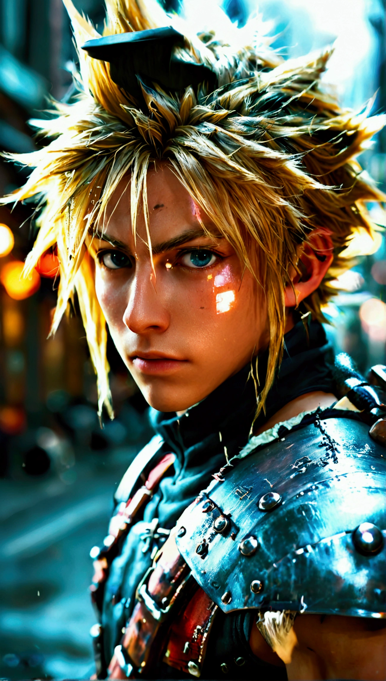 Close-up of a person holding a sword in the street, cloud strife, portrait of cloud strife, from Final Fantasy vii, Final Fantasy 7, From FF7, ff7 ..., cloud, from Final Fantasy, Final Fantasy face, Final Fantasy character, Final Fantasy, Final Fantasy, Final Fantasy, square Enix, The final nail, Close-up portrait shot