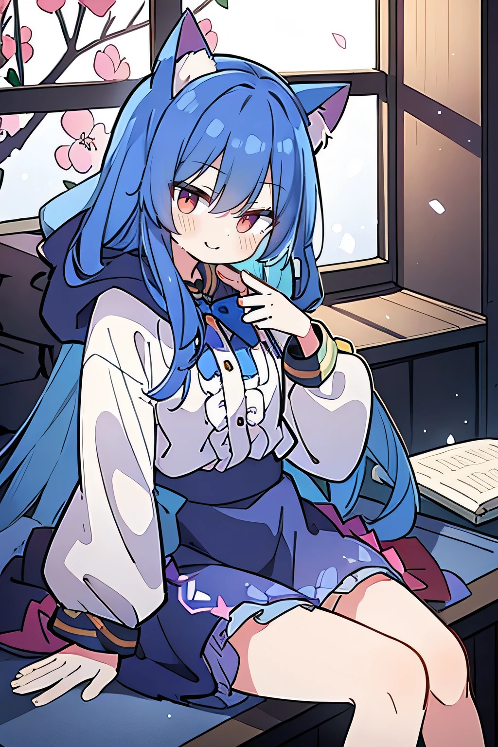 （masterpiece：1.2），Super detailed，lifelike，Expressive eyes，fair skin，perfect face shape，1 girl，
Japanese comics,Gorgeous blue hair,flowing blue hair,flowing clothes,Cat ears,Petals fall,beautiful lola,Baby Angel,
Shaking head with one hand，Cross your legs，Gentle and peaceful background，The pavilion is cool and comfortable,smile, wearing hoodie, In front of the window,snowing，Clear sky。