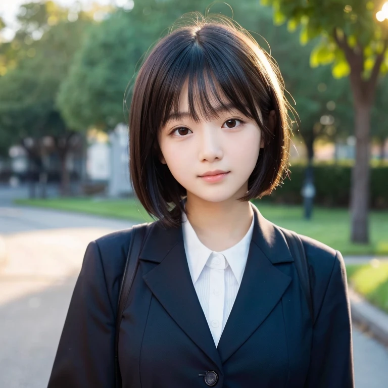 (Best image quality, 8K quality, masterpiece), (Super A quality, Photo Real, RAW Photos), Sunrise coming through, (masterpiece), (Real Girl, Front Face), (detailed), unity 8k wallpaper, Super Definition, beautiful, masterpiece, Highest quality, Japanese, Black Hair, bangs, 17 years old, Cute Face, uniform, (A shy smile:0.5), (Short Bob Hair), 17 years old, round face, Baby Face, breast enhancement