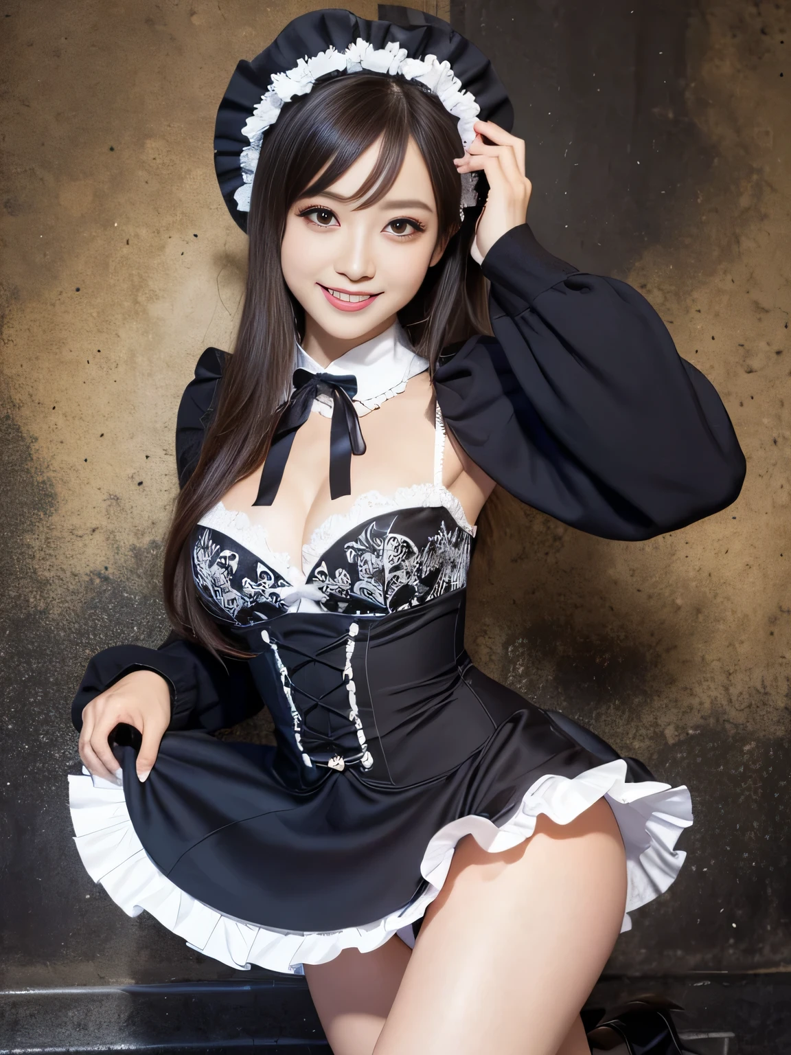 (Full body portrait:1.5)、、Slim and flat chested、smile、Smiling with teeth showing、Large Breasts、Highest quality,masterpiece,Ultra-high resolution,(Actual:1.4),Original photo,Ultra-high resolution,8k,There are also women,Gothic Lolita Unifoaid Costume Cosplay、River Scenery、With confidence, Beautiful and generous,Please lift your skirt and show me your underwear.....、