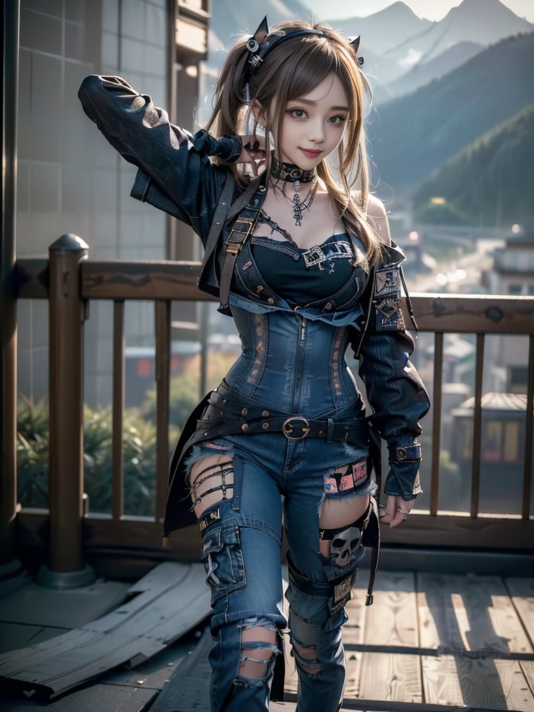 (Full Body View:1.3)、(Beautiful lips and nose:1.4)、(Long eyelashes:1.4)、(Side view:1.1)、(Smiling with teeth showing:1.3),(Shibuya Gal:1.5)、(Gothic ta delicately decorated dress:1.5)、(Tattered denim and black punk rock cargo pants:1.5)、(Denim and white skull mark small jacket:1.4)、(denim garter belt:1.5)、(Black and denim knee socks:1.3)、(Skull Silver Accessories:1.5)、(Denim collar:1.3)、(Brown Skin Belt:1.4)、(Brown boots:1.2)、(The underwear is striped:1.4)、31 years old、((Highest quality、In 8K、masterpiece:1.3))、Sharp focus:1.2、(Layered Cut、Huge boobs:1.1),Beautiful woman with perfect figure:1.4、(Dancing vigorously:1.3)、Slender Abs:1.2、Highly detailed face and skin texture、Detailed eyes、double eyelid,(Bob Hair:1.3)、(Brown-golden hair:1.3)、Gravure idol、(The background is a gorgeous celestial temple:1.3)、(Slim body:1.2),(Make your legs thinner:1.4),(clavicle:1.1)