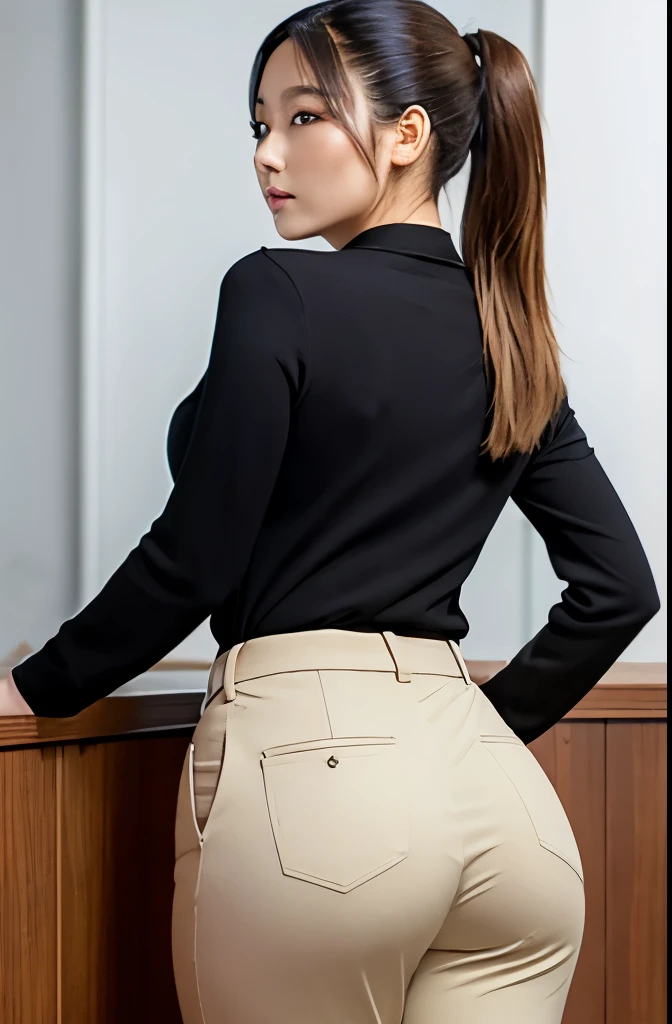 masterpiece,Highest quality,Beige trousers,Black clothes,Japanese,30-year-old woman,Protruding buttocks,I can see your face,Looking at the camera,Highly detailed face,ponytail,Big Ass,profile