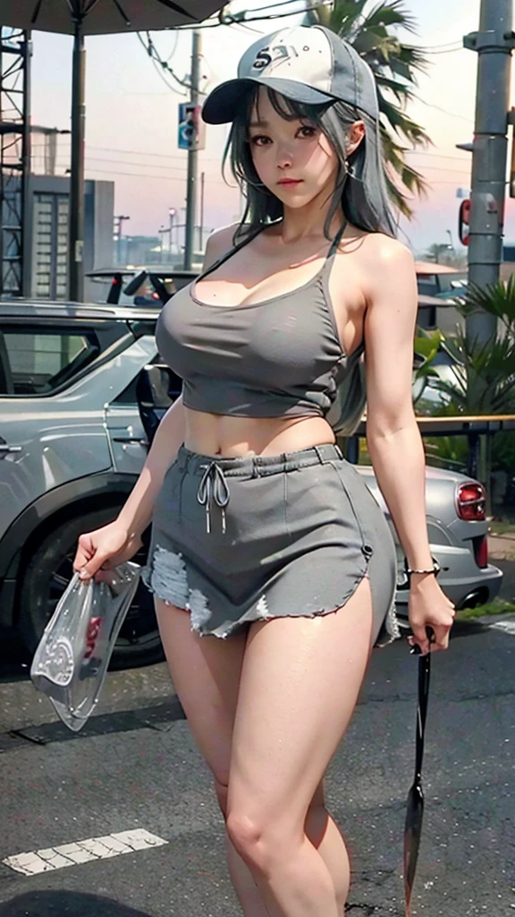 Thin strap tank top、mini skirt、Wearing sandals、Wearing a baseball cap、Tie the tail。Large Breasts、Rounded、Standing strong、Perfect figure、Thick thighs、meaty thighs、Sexy figure。Old woman、Aged woman、Gray dyed hair、Tired look。
Summer evening city、evening、sunset。