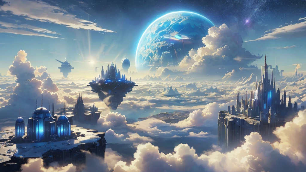 There is a picture of a future city in the sky, City above the clouds, Cities in the sky, Land in the clouds, Sci-Fi Fantasy Wallpapers, Sci-Fi Fantasy Desktop Wallpaper, Epic dreamy fantasy landscape, Epic fantasy sci-fi illustration, Fantasy sci-fi city, Heavenly planets in the background, High Fantasy Landscape, Impressive and fantastic landscape