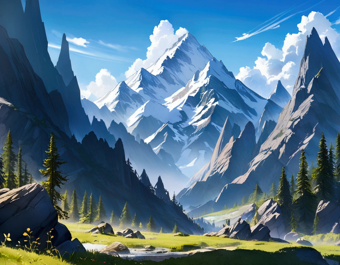 Fantasy,unmanned,background,Rocky Mountain,Rugged Mountain,Bright landscape,Blue sky,White cloud,Light of the sun,,,,,