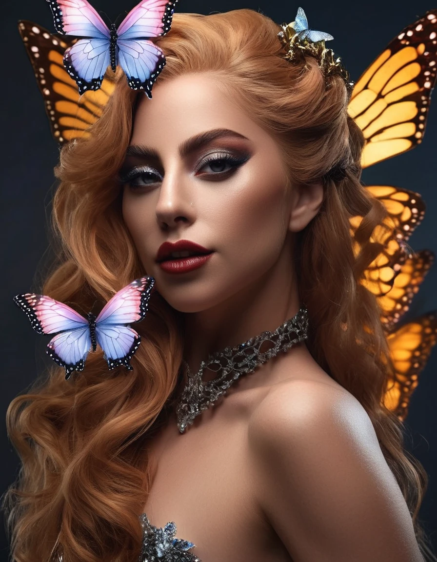 Fairy lady gaga with long hair and butterfly wings, faerie queen, officer, fairy queen, fada astral, smiling as a queen of fairies, high quality on the face, Defined Resources, best quality hard drive, realisitic, realisitic, award-winning illustration, (Highly detailed face and skin texture), (fully body), (Complicated Detail: 1.2), (finely detail), (Complicated Detail), (Cinematic Lights, better quality backlight), Sharp lines, sharp focus, Arte officer, unity 8k wallpaper , ultra realisitic, muito realisitic, absurdrez, inacreditavelmente realisitic absurdo, huge filesize, ultra- real, realist art, RTX,((Closing-up photo by award-winning studio)), , (Shut your mouth), , perfect hands, beautiful detailed eyes, face perfect, perfectbody, detalhes ultra realisitic.