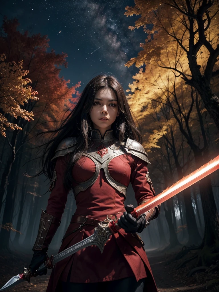 caballero oscuro encapuchado sin cuernos en un bosque red siniestro. alone with sky fire opening mutating, wielding great sword. red. good heavens, turn. gloria. can. victoria