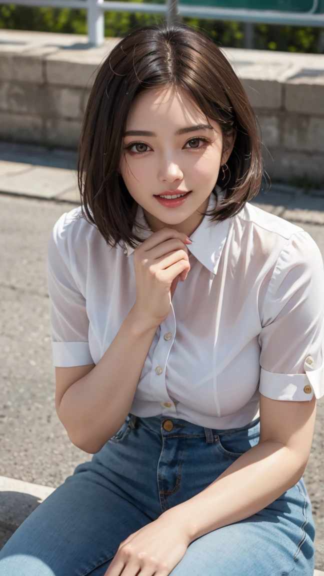 Korean 、summer shirt、Tight shirt、Ribbon Ties、skirt by the、schools、stairs at school、chest lifting pose、Emphasis on the chest、Slender and large、8K raw photos、A high resolution、18-year-old Korean、embarrassing looking、very large round breasts、Beautiful eyes finely detailed、long eyelasher、beautiful double eyelid、eye shadows、eyeline、slender eyes、Elongated eye shape、Sanpaku eyes、beautiful and thin legs、Beautiful slender thighs、Random Shorthair、Tie your hair behind your head、耳Nipple Ring、Light brown hair、(Wear pantyhose)、Hold your knees,short hair, fishnet stocking