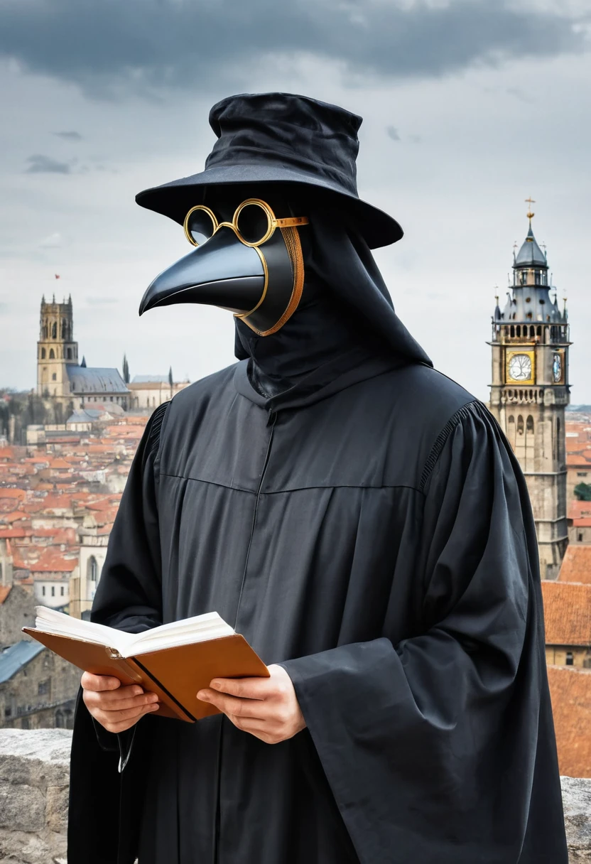 (masterpiece, best illustration,) medieval, beak mask, black robe, city background, doctor, masked, one person, clear, fine motor, wearing hat with brim, glasses, can't see eyes, hands parked crow