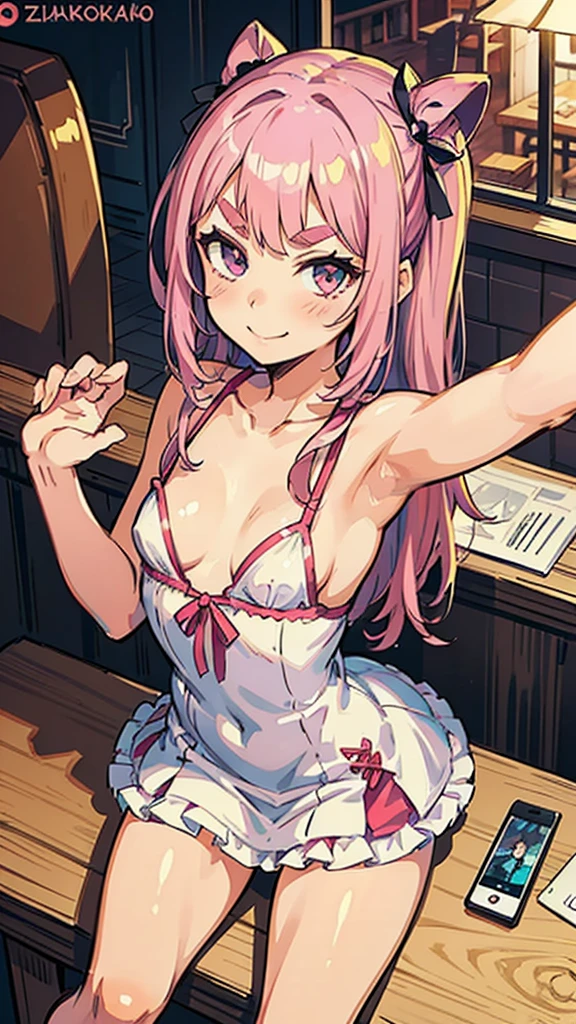 Girl with pink hair, long double-tailed hairstyle, ((small pink bushy eyebrows)), wearing ta clothing, marked vagina, loli(Zankuro) drawing style by zankuro artist, Zancro style, image uploaded to R34, flirty smile , ((showing the pubes)) in a restaurant, facing the camera, camera from above, looking with a very flirtatious face, with her breasts out, inviting to have sex with her legs open, stretching her hands to be taken in her arms