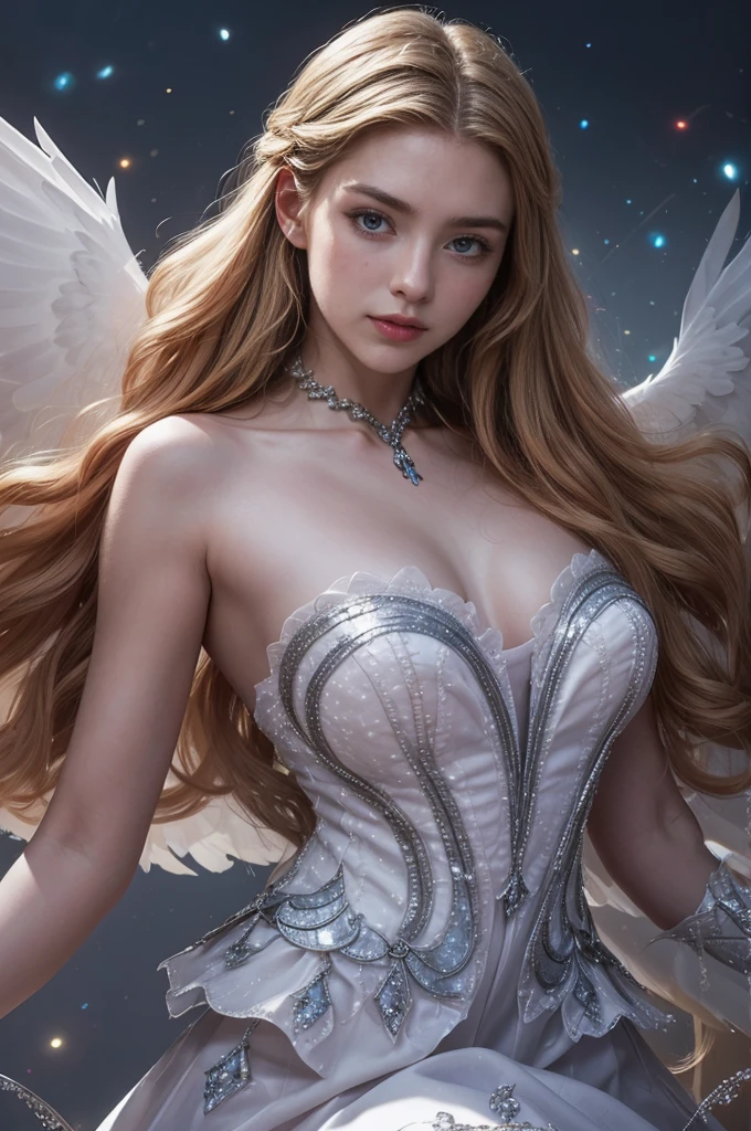 a beautiful young woman, bigger , Odette from Mobile Legends, elegant ballet dancer, long flowing white dress, graceful poses, enchanting blue eyes, delicate facial features, flowing silver hair, serene expression, glowing crystalline wings, ethereal and magical atmosphere, intricate fantasy background, shimmering lights, soft pastel colors, cinematic lighting, highly detailed, photorealistic, 8k, masterpiece