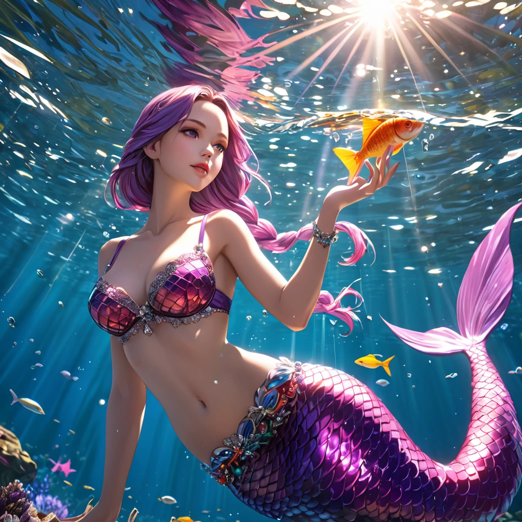 cute 20 year old mermaid with purple hair bind in a lose braid in the ocean below the surface talking to a fish in the sunlight, sun is shining, wears a purple glittery mermaid bra, beautiful mermaid, beautiful detailed human face, red lips, alluring eyes, elaborated mermaid pink purple tail, serene, masterpiece, full body shot, highres, high resolution, high quality, intricate details, extremely detailed, incredible details, full colored, complex details, insanely detailed and intricate, extremely detailed with rich colors. masterpiece, best quality, HDR, UHD, unreal engine, High quality, gorgeous, glamorous, 8k, super detail, gorgeous light and shadow, detailed decoration, detailed lines, glittery, fantasy, pretty colors, anime style