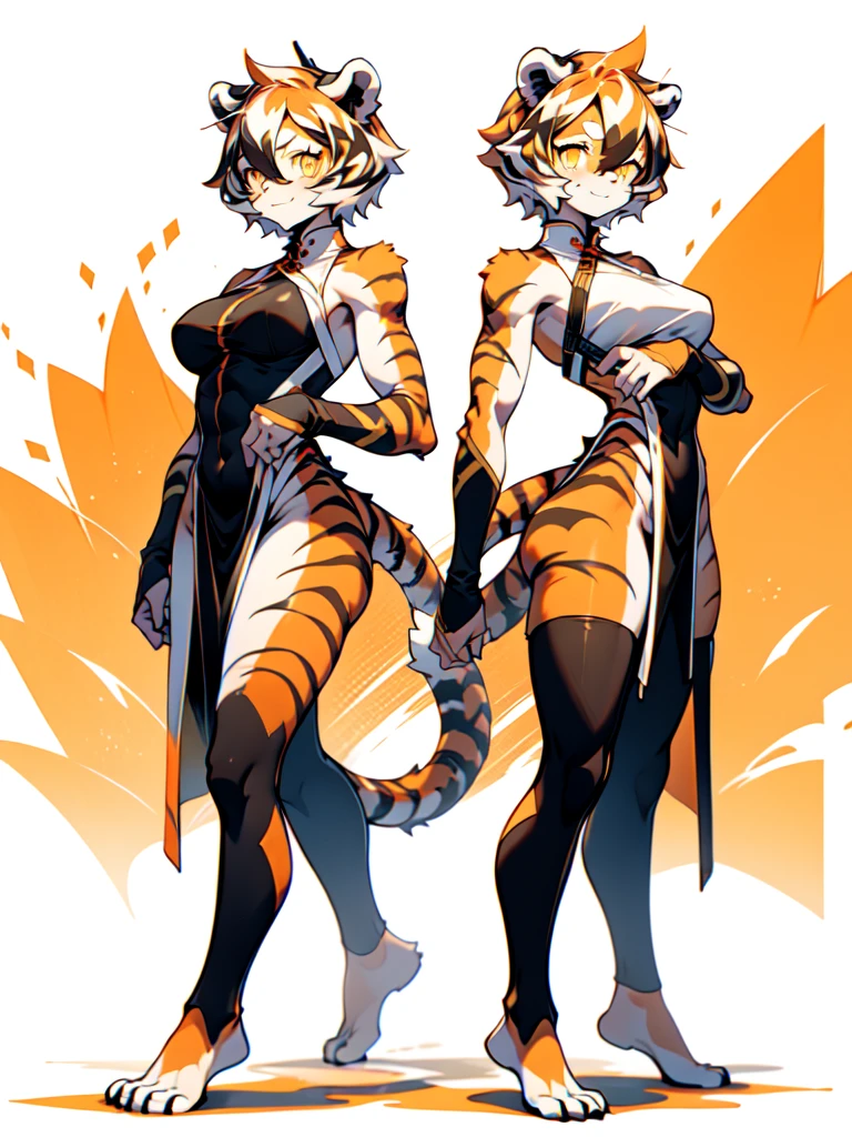 front and back,white background, full body, Standing:1.5, japan cloth,animal ears, white hair, black hair, short hair, large breasts, tiger skin，Abdominal muscles, tail, orange eyes, orange hair, multicolored hair, tiger girl, hair between eyes, tiger_ears, tiger_tail, orange-tinted_eyewear, tinted_eyewear, big breasts, evil smile, Shadows under feet, sey ass,