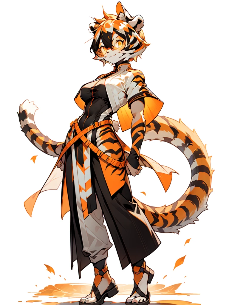 front and back,white background, full body, Standing:1.5, japan cloth,animal ears, white hair, black hair, short hair, large breasts, tiger skin，Abdominal muscles, tail, orange eyes, orange hair, multicolored hair, tiger girl, hair between eyes, tiger_ears, tiger_tail, orange-tinted_eyewear, tinted_eyewear, big breasts, evil smile, Shadows under feet, sey ass,