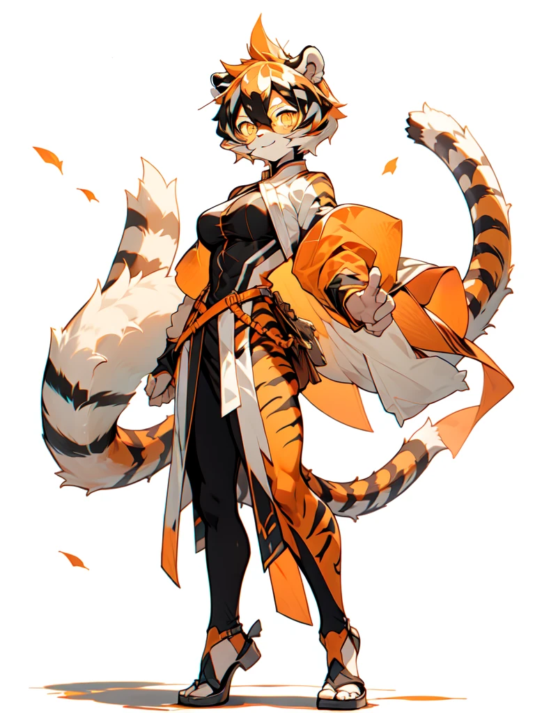 front and back,white background, full body, Standing:1.5, japan cloth,animal ears, white hair, black hair, short hair, large breasts, tiger skin，Abdominal muscles, tail, orange eyes, orange hair, multicolored hair, tiger girl, hair between eyes, tiger_ears, tiger_tail, orange-tinted_eyewear, tinted_eyewear, big breasts, evil smile, Shadows under feet, sey ass,