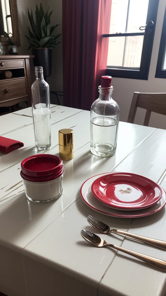 a table, a red lipstick, a small bottle of white enamel, translucent powder 