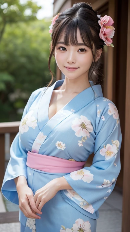 (8k、RAWphotograph、Highest quality、masterpiece:1.2),(Braiding),Looking at the audience,Front view,Sexy pose, strong,??????,White skin,knees,Absurd,Small face,Part the front hair from the center、The forehead is visible, (smile, Glare, strong, skinny, skinny)、masterpiece,Highest quality、Ultra-high resolution,One person, One personで,Close-up shot, Looking into the camera, cute, (A pure light blue floral yukata:1.5), Japanese women,Are standing,(Realistic:1.37)、Photon Mapping,Realistic、cuteSmall face,Brown eyes、prospect、Written boundary depth、Blurred Background、photograph,girl、(I can see the front hair), hair, I can see the knees,Light clothing,, thigh,Nogizaka Idol, actress、Natural Breasts、(Show me your big cleavage:1.2), (The yukata is open), Great quality、Low people々、(Skin with visible pores:1.2)、(Focus on the face)、Check and correct the construction of the garment, (Big Breasts:1.5), (Big Ass), Toned body