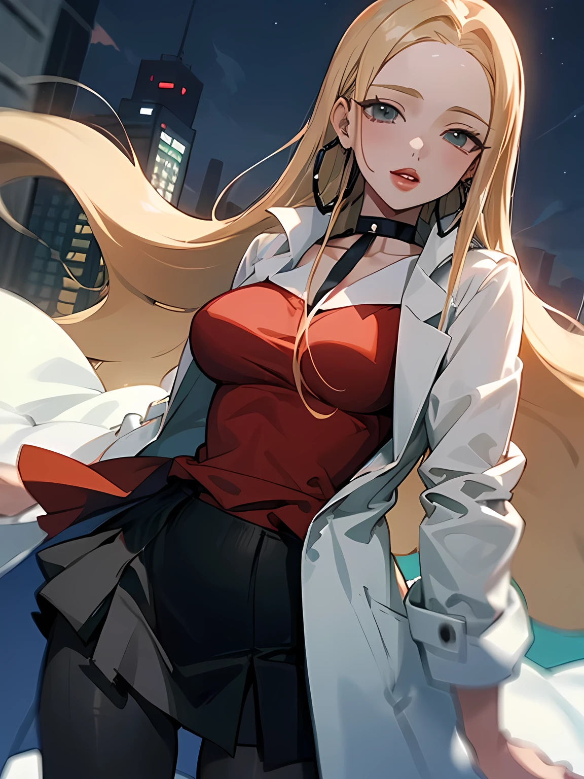 solo,close up upperbody,looking at viewer, oleana, long hair, sidelocks, choker, hoop earrings, lipstick, white coat, red shirt, black skirt, pantyhose, high heels, contrapposto,  night sky, city sky,linemasterpiece, best quality, 