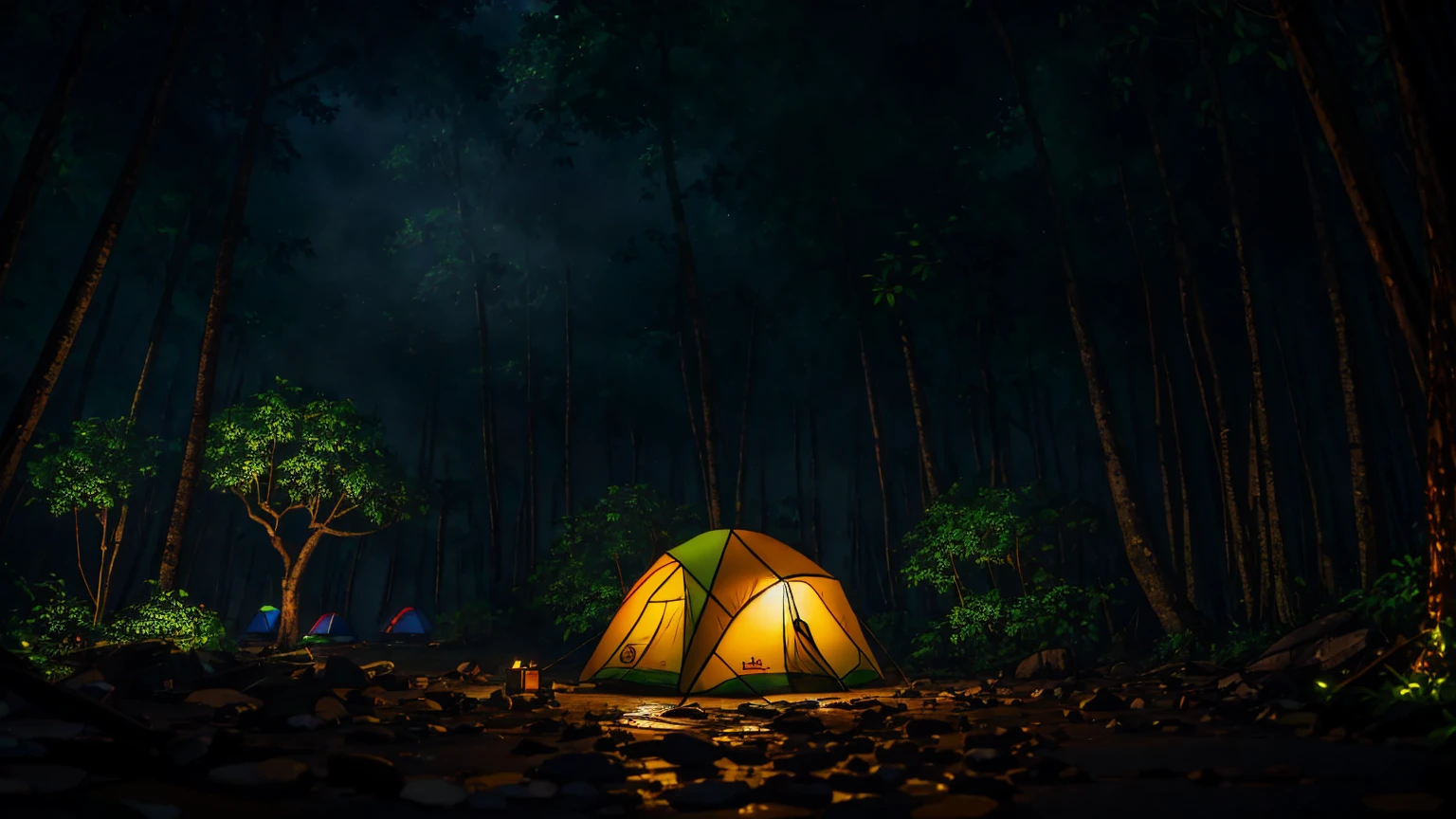 Several colorful camping tents set up between trees in the Amazon rainforest, on a rainy day, work of art, best qualityer, high qualiy, 8k extremely detaild CG unit wallpaper, oil painting, rewarded photography, bokeh, Depth of field, HDR, blossom, Chromatic aberration, photorrealistic, extremely detaild, trend in artstation, tendência na cgsociety, Intricate, high détail, Dramatic, art halfway through the trip, volumetric lighting