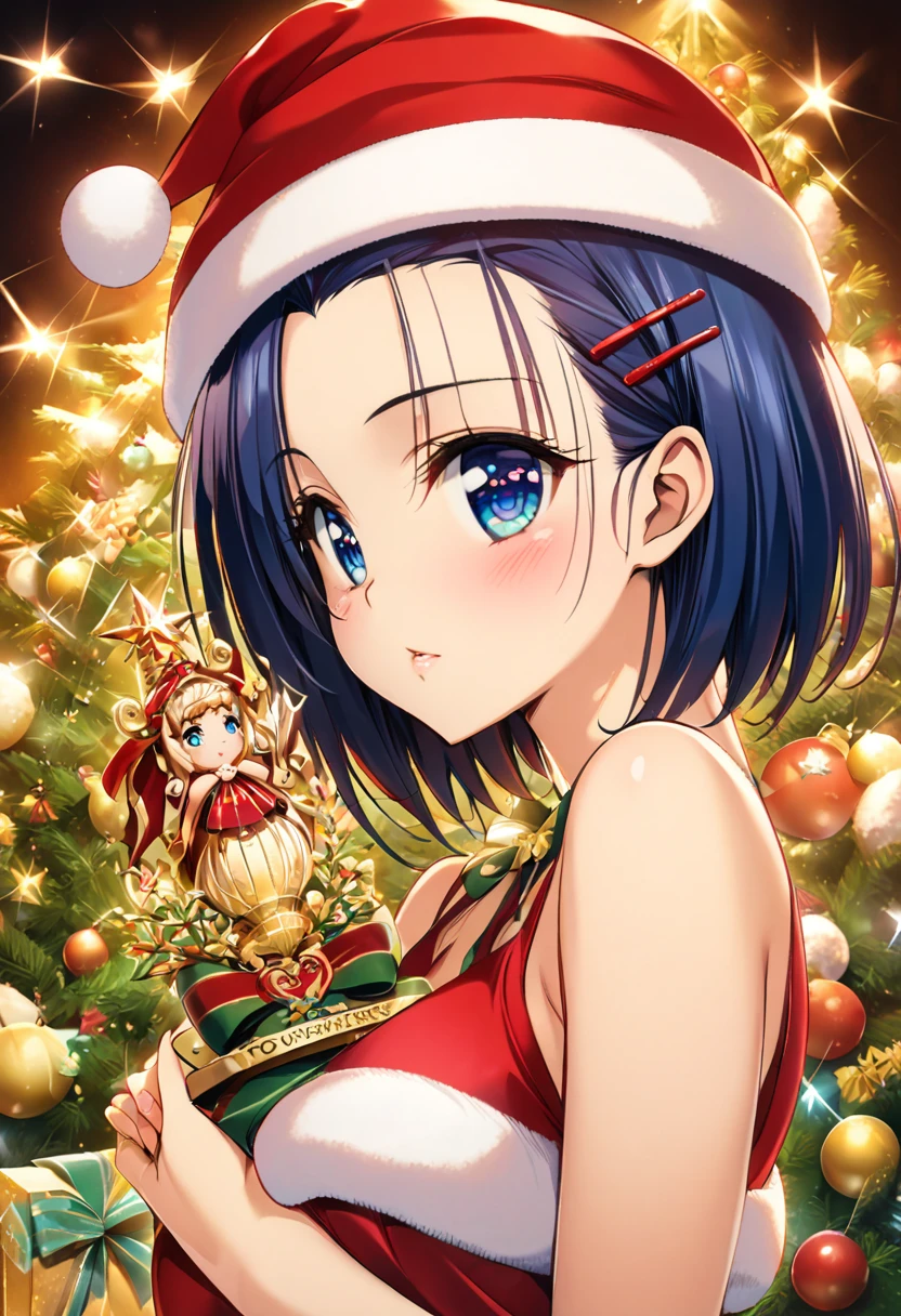 One girl, sairenji haruna,blue short hair,blue eyes,forehead,hair pin,complementary colors red and green, Christmas theme,Style of Yabuki Kentaro, To Love-Ru art style,masterpiece, highest quality, Detailed face, Beautiful and detailed eyes, Beautiful Face, Perfect body, Official Art, grand plix award illustration, Professional Lighting,