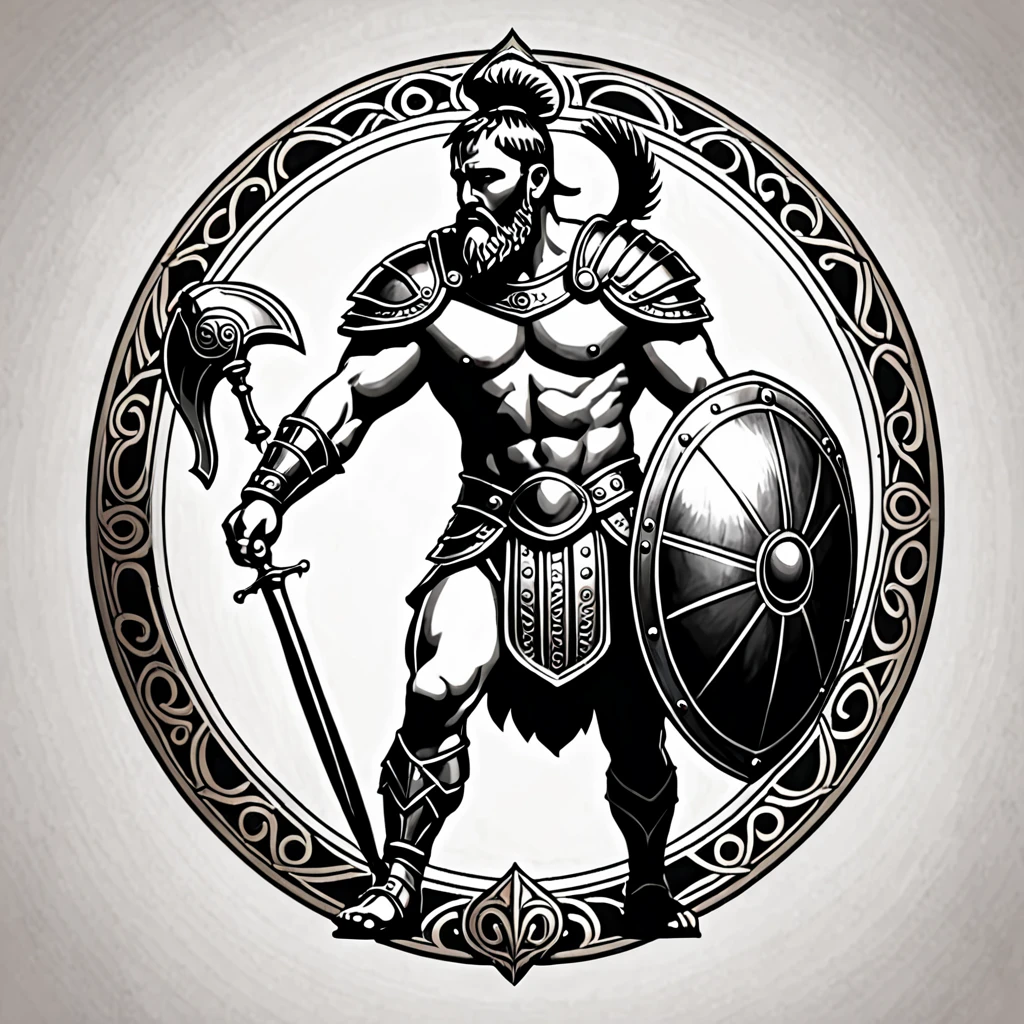 Tattoo art of Gladiator holding a sphere and shield in a idle stance