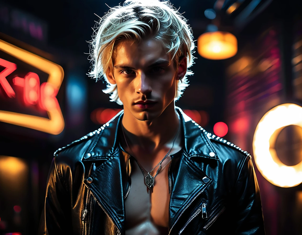 Hyper realistic, dark vibes, solo, young man, facing camera, 22 years, pale skin, model (skinny:1.2), short cropped textured blond hair, (black leather jacket:1.1), holding sharp knife, dark lighting, background (strip club, night club BDSM club:1.2), foreboding, sexy, attractive, demon, incubus, evil, dark, sadistic expression(smirk:1.1), (neon sign that says:"CONTEXT":1.2),