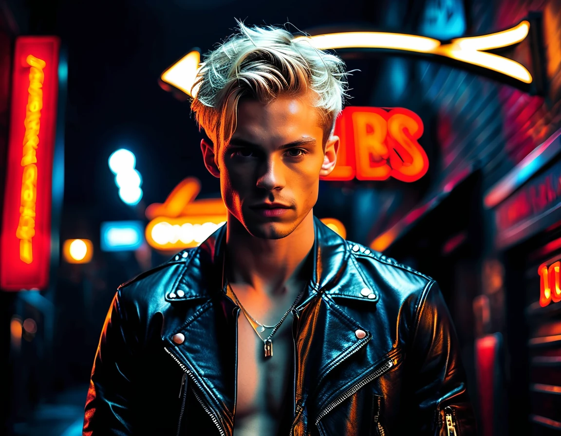 Hyper realistic, dark vibes, solo, young man, facing camera, 22 years, pale skin, model (skinny:1.2), short cropped textured blond hair, (black leather jacket:1.1), holding sharp knife, dark lighting, background (strip club, night club BDSM club:1.2), foreboding, sexy, attractive, demon, incubus, evil, dark, sadistic expression(smirk:1.1), (neon sign that says:"CONTEXT":1.2),