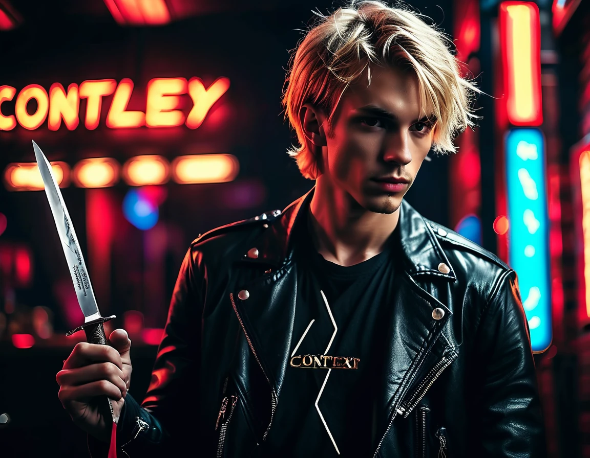 Hyper realistic, dark vibes, solo, young man, facing camera, 22 years, pale skin, model (skinny:1.2), short cropped textured blond hair, (black leather jacket:1.1), holding sharp knife, dark lighting, background (strip club, night club BDSM club:1.2), foreboding, sexy, attractive, demon, incubus, evil, dark, sadistic expression(smirk:1.1), (neon sign that says:"CONTEXT":1.2),