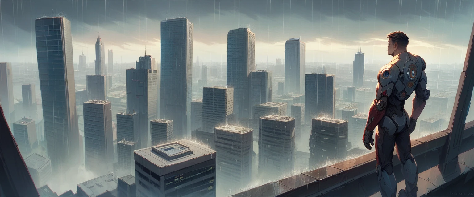 A realistic image of a futuristic city inspired by the movie "Blade Runner", with a andoroid ((beautiful cyber man)) standing on the terrace of a skyscraper overlooking the city. It is raining and the scene has a 16:9 aspect ratio (please include the terrace roof)), seen from three-quarter behind