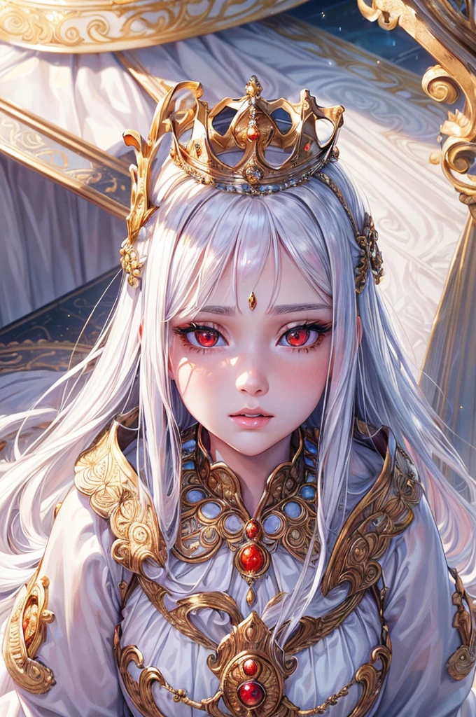 (highres, realistic, beautiful detailed eyes, beautiful detailed lips, detailed face),(naive girl, innocent girl),(queen, woman, royalty),(red eyes, long white hair),(silver crown), (glorious, majestic, regal), (golden, sparkling), (bright, warm lighting), (gorgeous white gown),(elaborate decorations),(full body),(hypnotized eyes, blank eyes, spiral in eyes),(drooling)