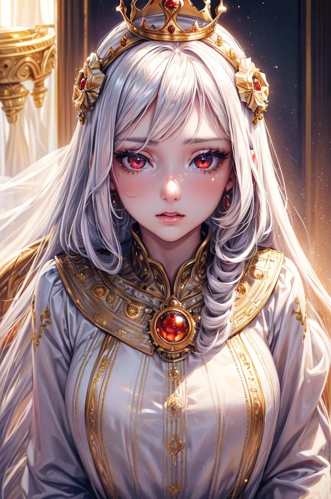 (highres, realistic, beautiful detailed eyes, beautiful detailed lips, detailed face),(naive girl, innocent girl),(queen, woman, royalty),(red eyes, long white hair),(silver crown), (glorious, majestic, regal), (golden, sparkling), (bright, warm lighting), (gorgeous white gown),(elaborate decorations),(full body),(hypnotized eyes, blank eyes, spiral in eyes),(drooling)