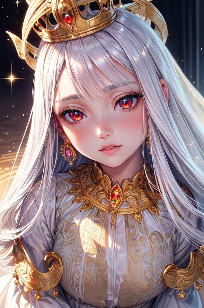 (highres, realistic, beautiful detailed eyes, beautiful detailed lips, detailed face),(naive girl, innocent girl),(queen, woman, royalty),(red eyes, long white hair),(silver crown), (glorious, majestic, regal), (golden, sparkling), (bright, warm lighting), (gorgeous white gown),(elaborate decorations),(full body),(hypnotized eyes, blank eyes, spiral in eyes),(drooling)