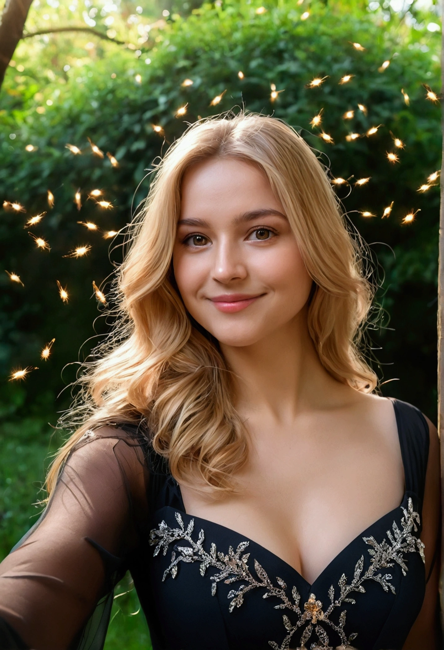 A 23-year-old blonde woman, ((pechos grandes)), ((hiperrealismo)) ,. blonde hair with light brown roots. cabello rubio, Hair with brown roots, cabello extra largo, cabello muy largo, really long hair, Beautiful, Front view, selfie, photo taken with camra, elegant black shirt with escote, escotada, selfie in the garden, high quality, selfie camra, cleavage 1girls, ,,Simper smile, High-definition image, a woman, her hair adorned with glowing fireflies, eyes shimmering with enchantment. Dressed in a gown made from woven moonlight, she stands in a mystical forest where trees come to life. The scene, bathed in the ethereal glow of the fireflies, captured in the style of a magical forest artwork., (masterpiece, best quality, official art,intricate details:1.2)
