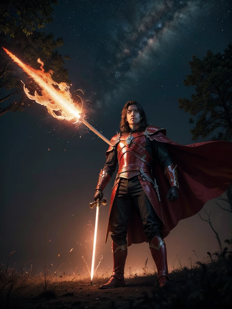 caballero oscuro encapuchado sin cuernos en un bosque red siniestro. alone with sky fire opening mutating, wielding great sword. red. good heavens, turn. gloria. can. victory man