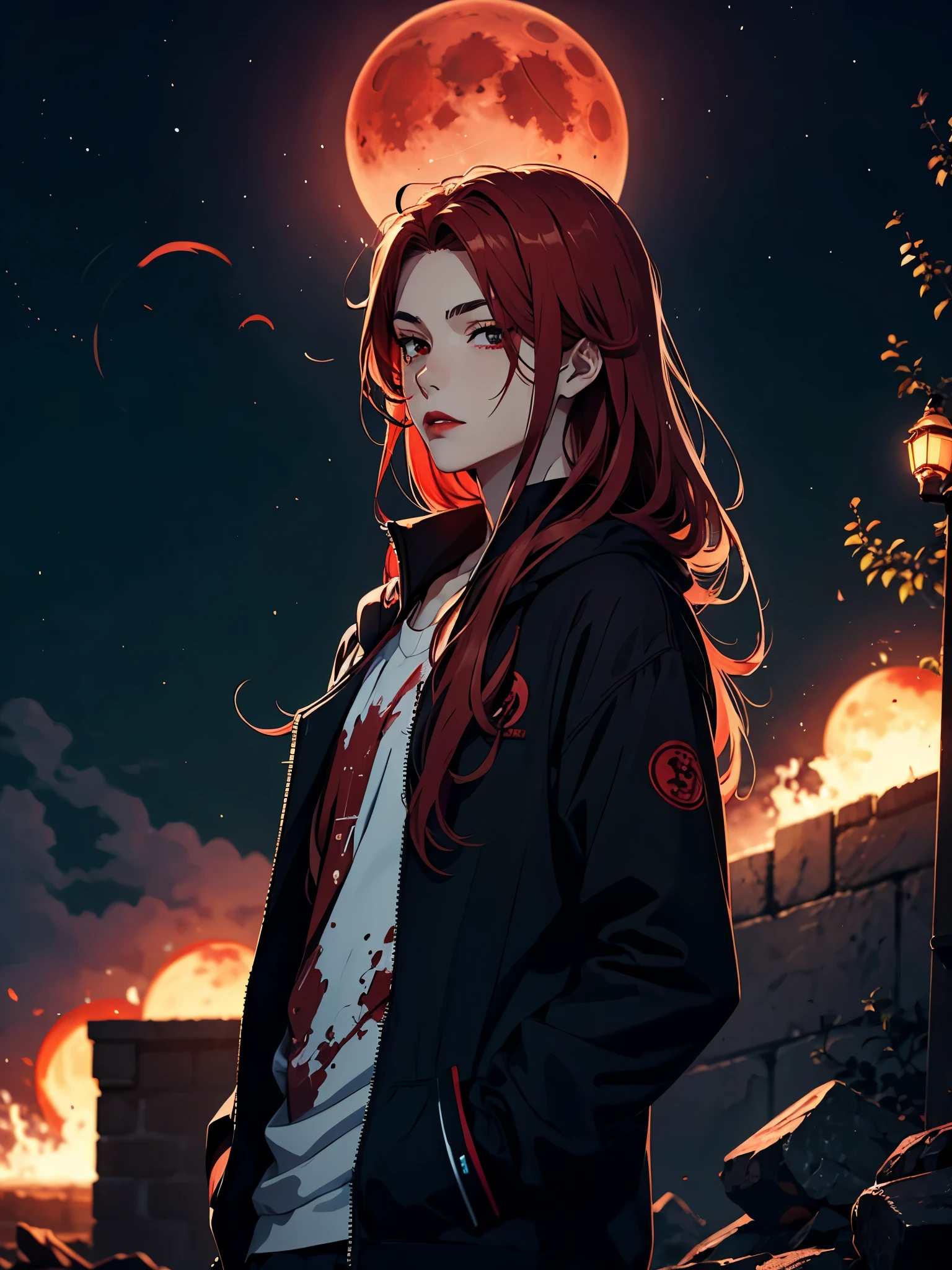 . Red lipstick. 火. 火rote Haare. Red hair. Red eyeliner. Blood Moon. More anime. male. Long hair. Boy.