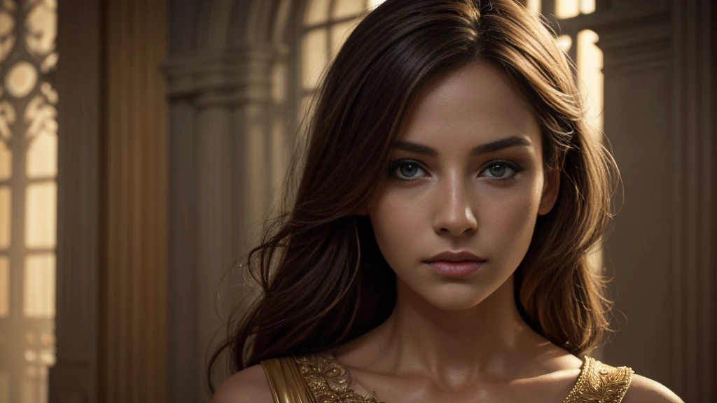 a woman overcoming her guilt, detailed facial features, beautiful eyes, detailed lips, elegant dress, serene expression, golden light, cinematic lighting, dramatic contrast, photorealistic, 8k, highly detailed, masterpiece, concept art, muted color palette, atmospheric, dreamlike, ethereal