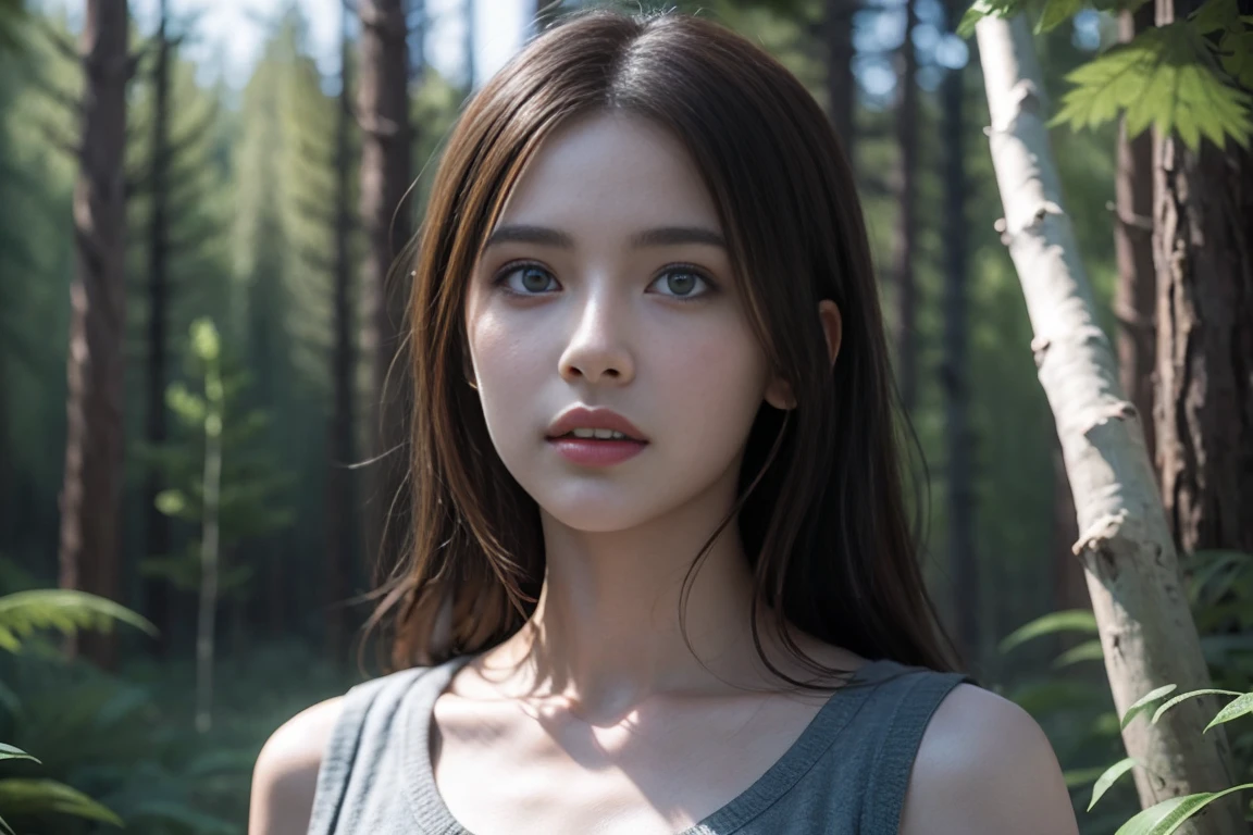 beautiful girl in grey dress stands in dark forest, Epic style, Octane Render, Desert composition, pretty face, hyper-realistic, Oil on canvas, Award-winning, ​masterpiece, Trends on ArtStation, by Studio Ghibli