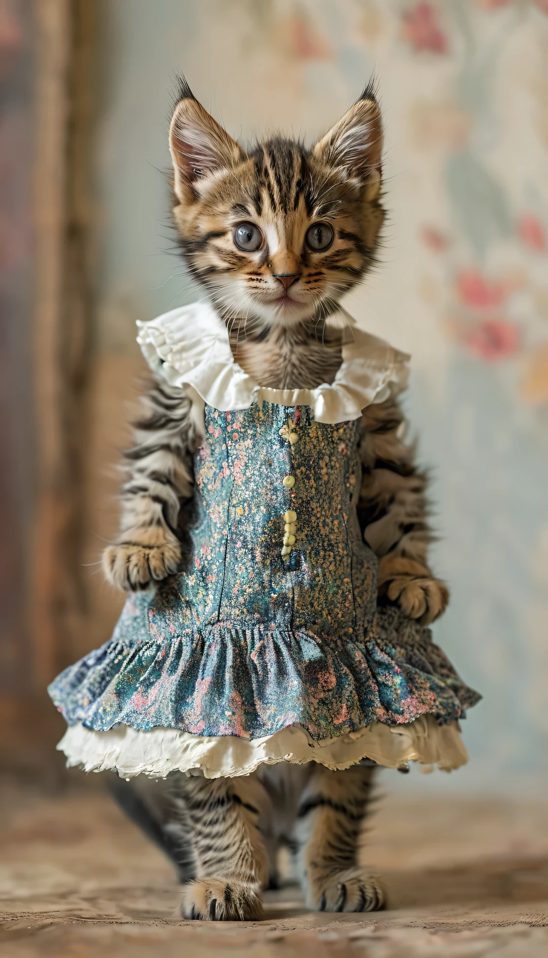 Kitten wearing a dress　Full body shot, looking straight into the camera