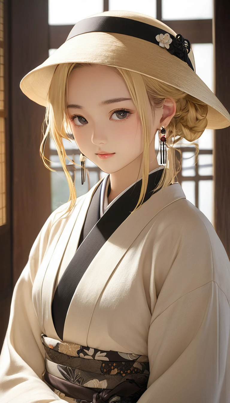 (masterpiece, Highest quality:1.2), One girl, alone,bony body、15 years old、hat、Earrings、Blonde、Taisho period