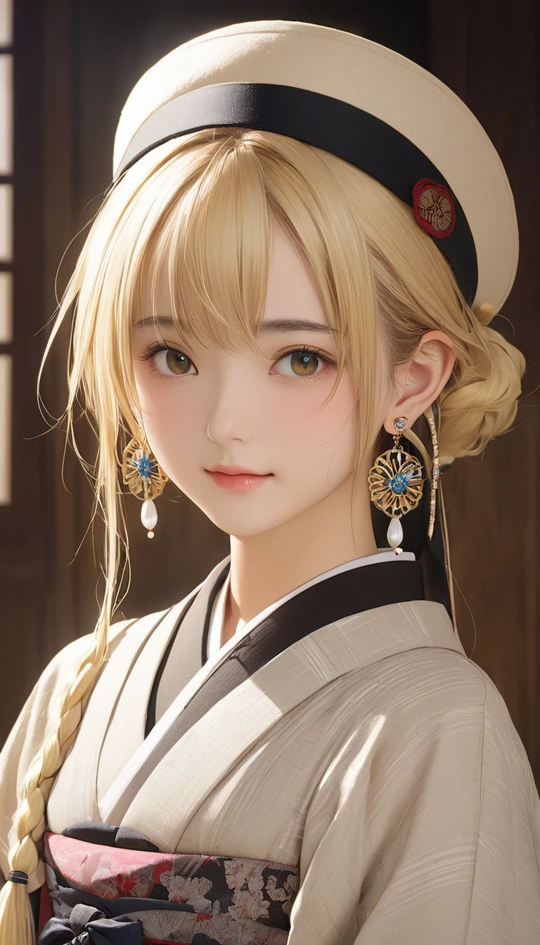 (masterpiece, Highest quality:1.2), One girl, alone,bony body、15 years old、hat、Earrings、Blonde、Taisho period