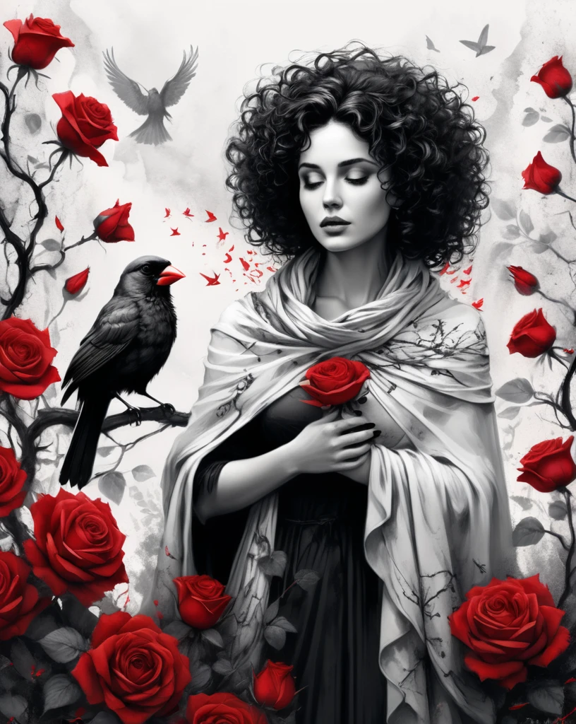 A beautiful surreal black and white image of a dark curly haired woman wearing a shawl and interacting with a cardinal bird. she is surrounded by a thorny rose bush. The roses and the bird are red. Minimalist strokes with ink and charcoal. some ink splashes. on cracked plaster, an overall dark and mysterious look., 3d render, typography, dark fantasy, conceptual art