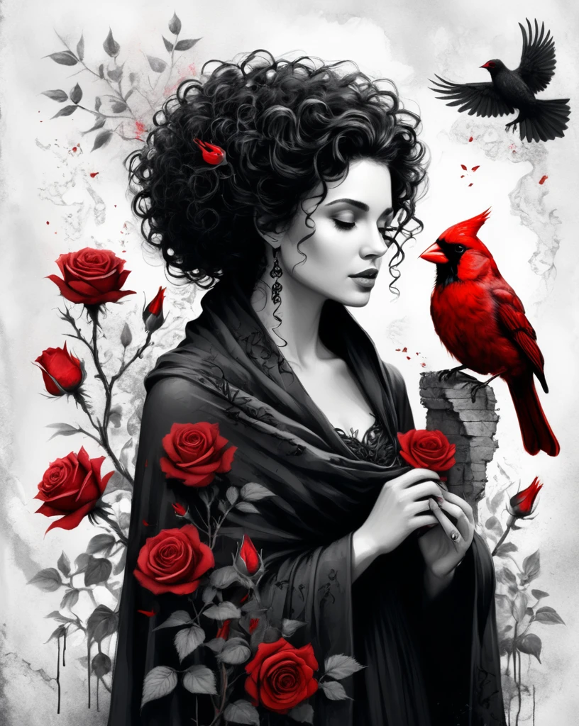 A beautiful surreal black and white image of a dark curly haired woman wearing a shawl and interacting with a cardinal bird. she is surrounded by a thorny rose bush. The roses and the bird are red. Minimalist strokes with ink and charcoal. some ink splashes. on cracked plaster, an overall dark and mysterious look., 3d render, typography, dark fantasy, conceptual art