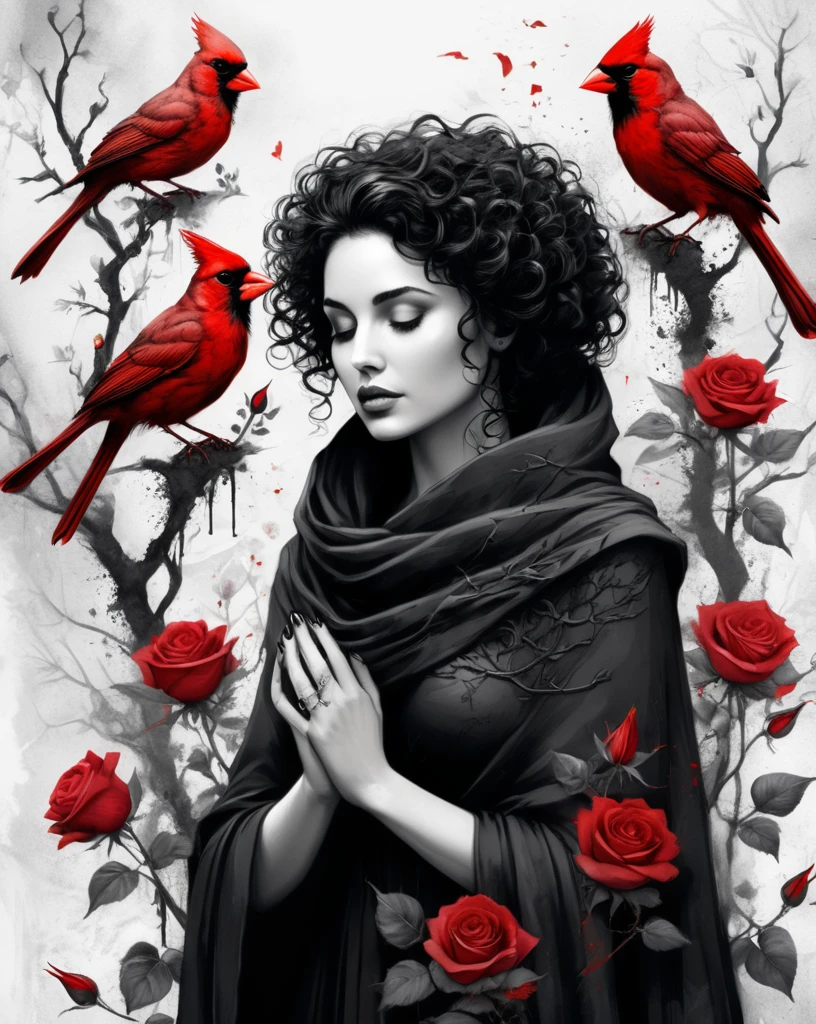 A beautiful surreal black and white image of a dark curly haired woman wearing a shawl and interacting with a cardinal bird. she is surrounded by a thorny rose bush. The roses and the bird are red. Minimalist strokes with ink and charcoal. some ink splashes. on cracked plaster, an overall dark and mysterious look., 3d render, typography, dark fantasy, conceptual art