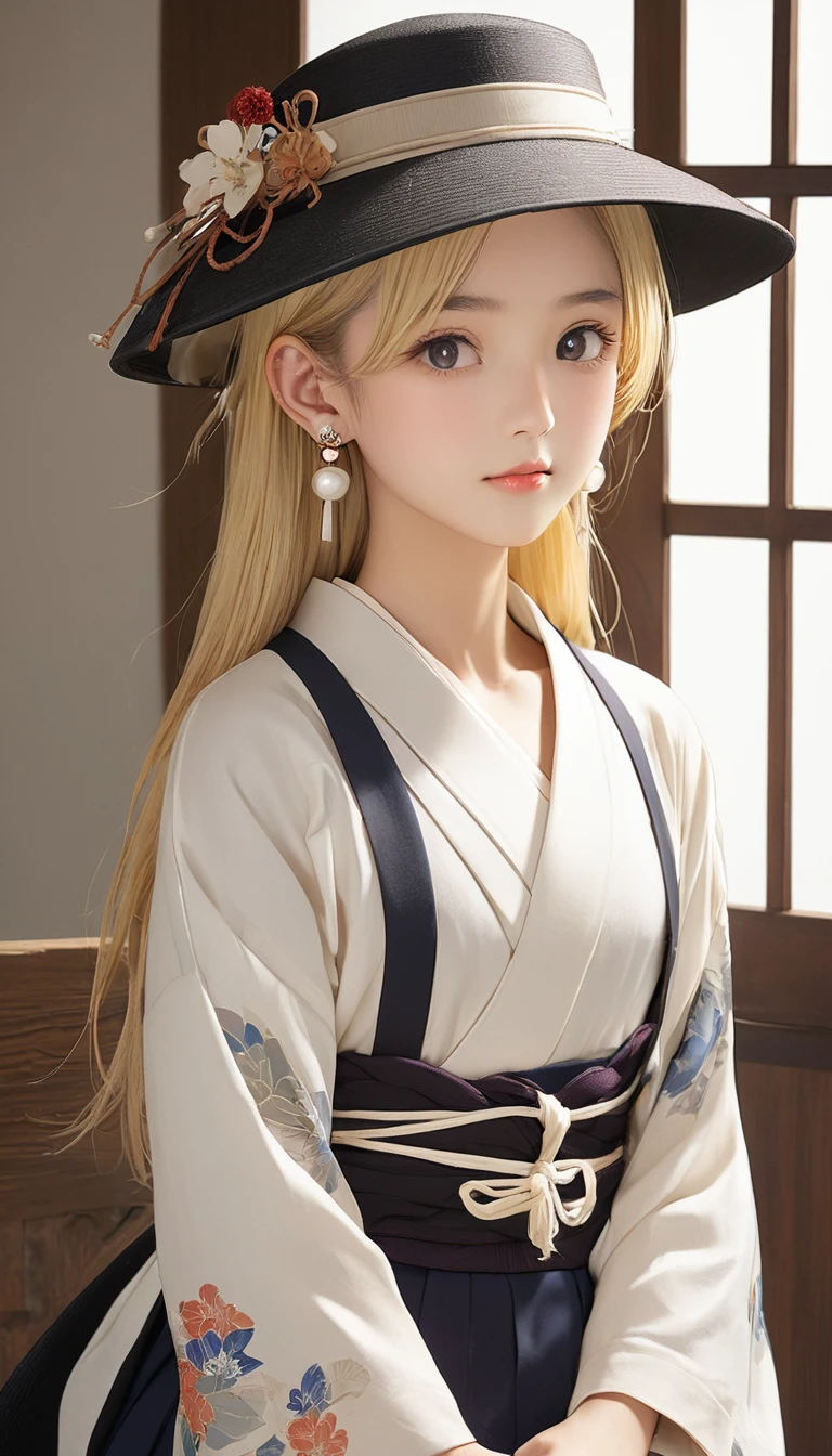 (masterpiece, Highest quality:1.2), One girl, alone,bony body、、hat、Earrings、Blonde、Taisho period