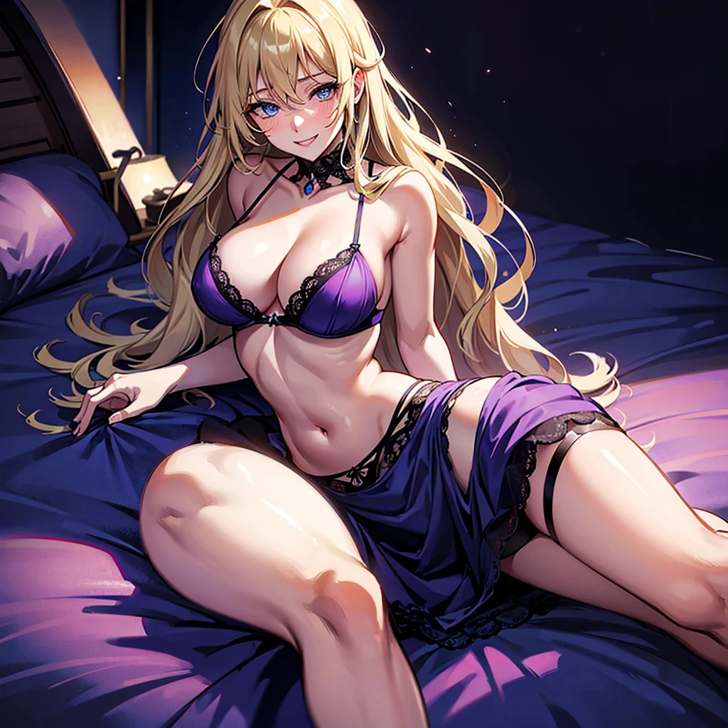 1girl, 独奏, breasts big, gazing at viewer, high resolution, blue colored eyes, Laughter, hair blonde, pretty long hair, hair slicked back, Hair over the shoulder, loose hair, flushed, Laughter, make up, slightly-smile, excited face, ass pov, anime styling, dressed in lingerie covering the purple sexy transparent body, lying sideways on the bed, in suite room, dark ambient light, purple sheets