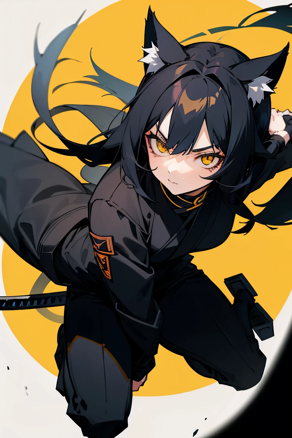 Mature girl, long straight black hair, yellow eyes, black catgirl ears and tail, black kunoichi outfit, wielding katana, (medium shot high angle)