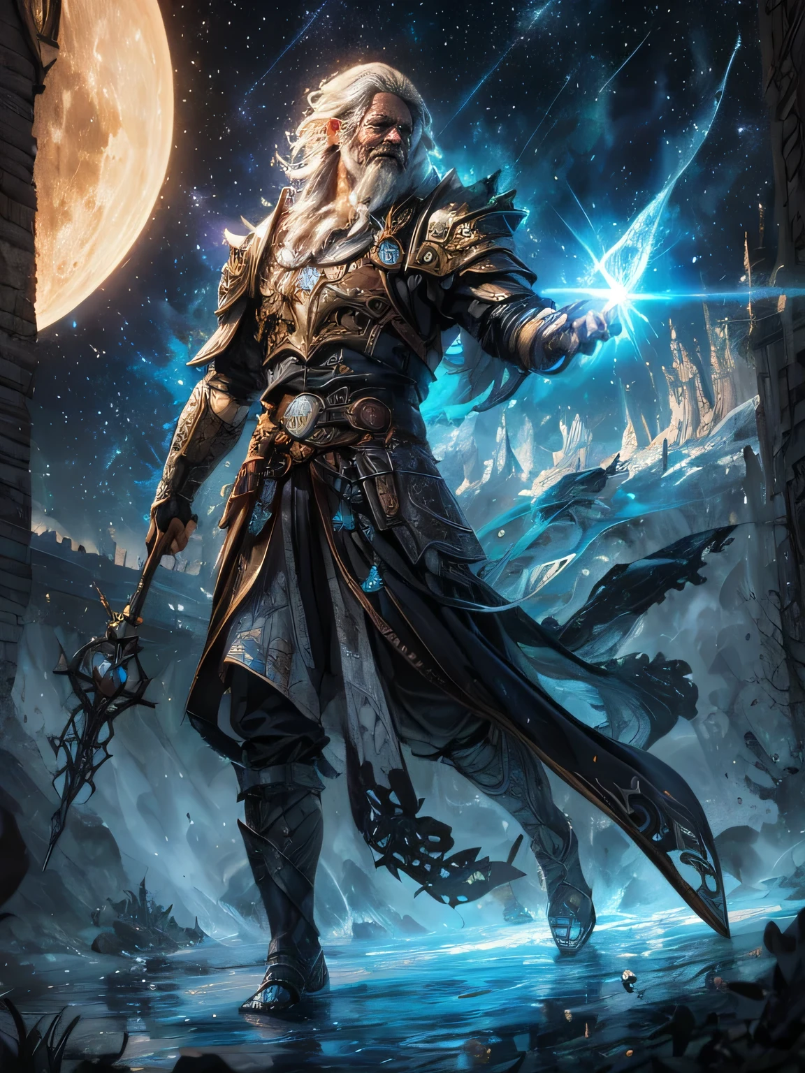 magv1ll High Detail, Best Quality, 16 K, absurderes [ultra-detailliert], masutepiece, Best Quality, (Extremely detailed), Dynamic Angle, Ultra Wide Shot, Photorealistic, ((Fantasy Art)) ((Larry Elmore Style)), dnd art, RPG art, Realistic Art, Star Male Human Druid, Guardian of nature, Control magical energy made of stars, The magic light of the swirling blue star, Symbol of God (1.5 intricate details, masutepiece, Best Quality, absurderes), Human Male, Dynamic hair color, Wearing leather armor, holding a staff, moon light, Stars, Dynamic nature background, RPG art, Magical atmosphere Magical fantasy forest, Super Real, highest details, Best Quality, absurderes, 16 K, [ultra-detailliert], masutepiece, Best Quality, (Extremely detailed), Ultra Wide Shot, Photorealism, depth of fields, painting hyper realistic, 3D Rendering